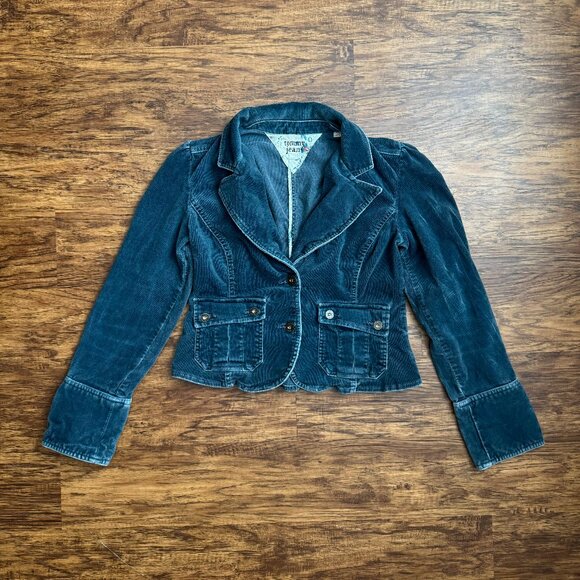 Vintage Tommy Jeans Fleece Lined Crop Velour Blazer Jacket Womens Large Blue - Picture 1 of 5